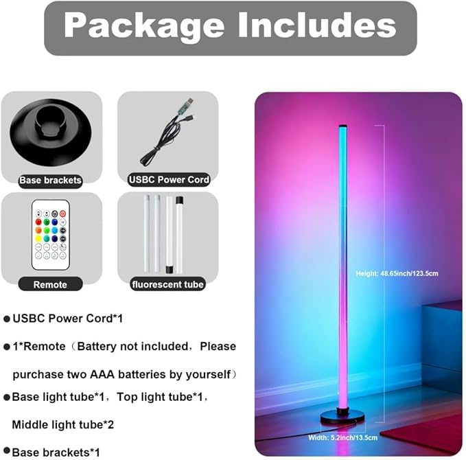 Ledagic Led Corner Floor Lamp USB Powered with App & Remote Control, IC+RGBW Color Changing Led Lamp Music Sync, Timer Setting, Standing Lamps for Living Room Lamp Bedroom Gaming Room, 1 Pack