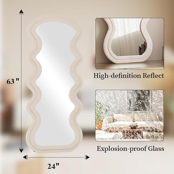 Koonmi 63"x24" Wavy Mirror Full Length, Flannel Floor Mirrors, Irregular Wavy Standing Mirror Wall Mounted with Flannel Wrapped Frame for Bedroom & Living Room, White