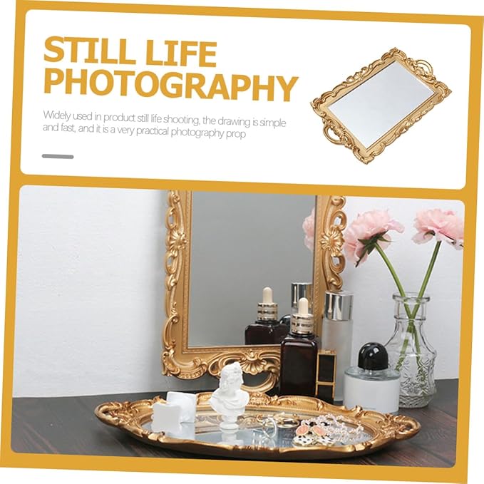 Beaupretty Vintage Mirror Tray Perfume Organizer Makeup Tray Decorative for Dresser Tops with Mirror Plate for Home Décor and Photo Prop