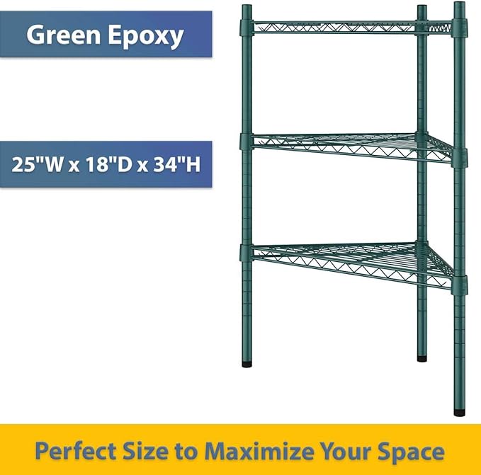 25" W x 18" D x 34" H NSF Green Triangle Heavy Duty Corner Shelving Kit, 3-Shelf Adjustable Wire Rack