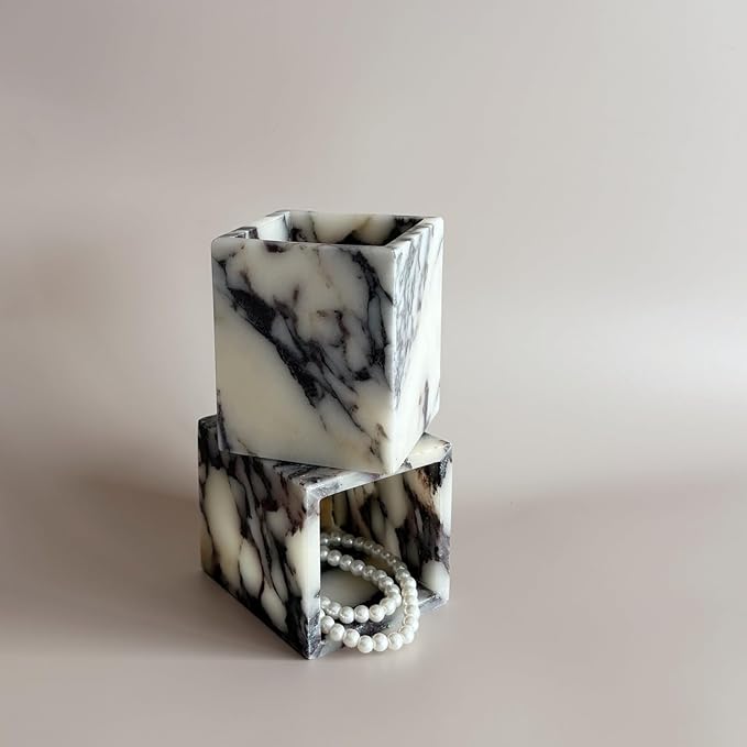 Natural Marble Stone Square Storage Container Empty Vessel Holder Cup for Candle/Pens/Sundries items (Calacatta Purple)