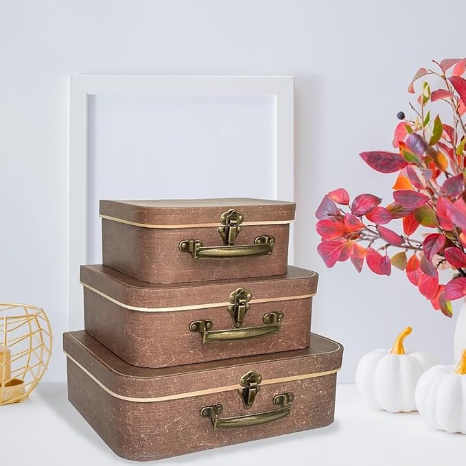 Vintage Decorative Storage Box Set of 3 with Lids, Keepsake & Photo Box, Brown Suitcase Memento Case
