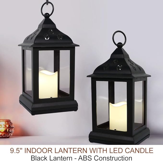 Bright Zeal 2-Pack 9.5" Vintage Decorative Candle Lantern with LED Flickering Flameless Candle (Black, 8hr Timer) - Indoor Hanging Lanterns Decorative Lanterns Battery Powered LED Candle Timer Candle