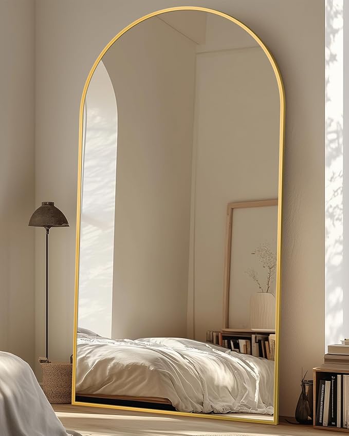 Suidia 81"x41" Arched Full Length Mirror with Stand, Full Body Mirror with Aluminum Frame, Freestanding/Leaning/Wall-Mounted, Floor Mirrors for Bedroom, Living Room, Entryway, Dressing Room, Gold