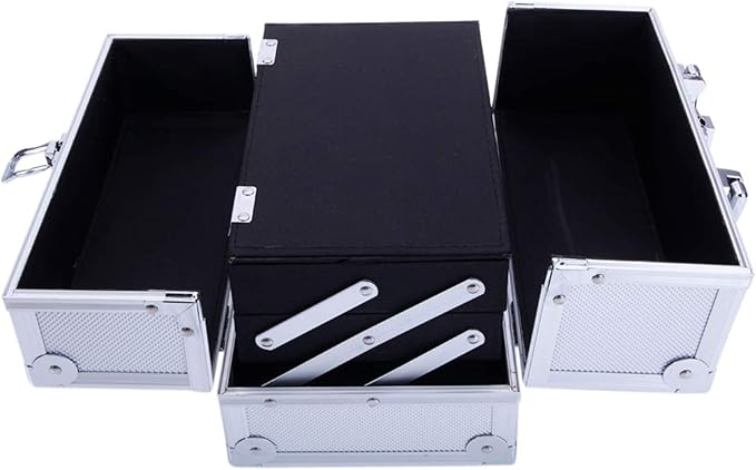 Makeup Box Train Case Large Storage Capacity Trays with Mirror Portable Travel Cosmetic Organizer with Brush Holder, Makeup Travel Train Case, 9" Lx 6" W x 6" H Silver
