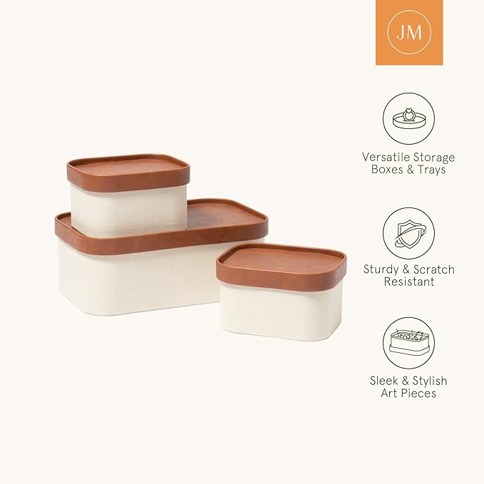 Beige Decorative Storage Boxes With Lids, Storage Baskets with Leather-Like Lids, Sturdy Stackable Paper Boxes Decorative Tray, Modern Basket Organizer Bins for Jewelry Shelve Bathroom Bedroom