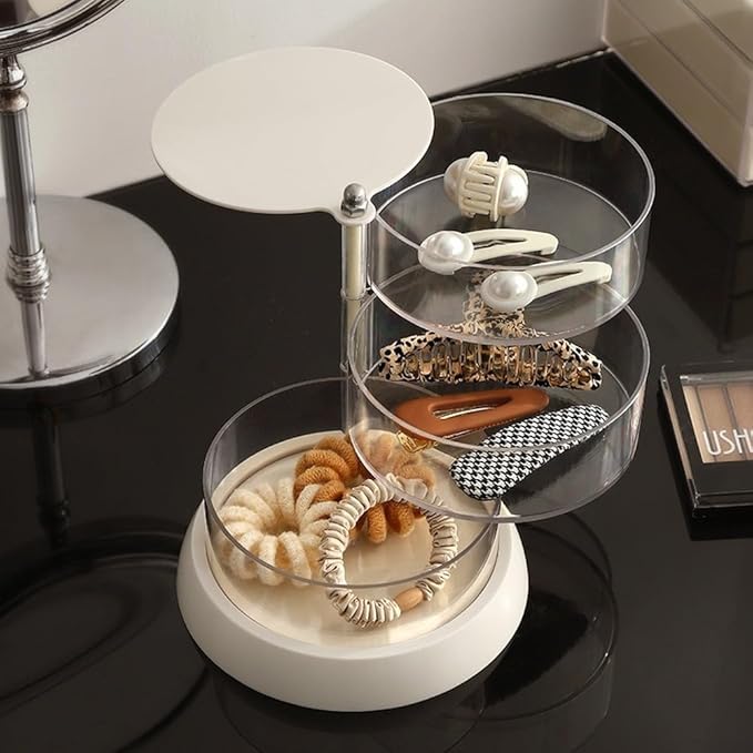 360 Degree Rotating Transparent Jewelry Storage Box Multi-Layer Organizer for Hair Accessories Makeup Tools Space Saving Clear PP PET Vertical Design Stackable Compartment(E)