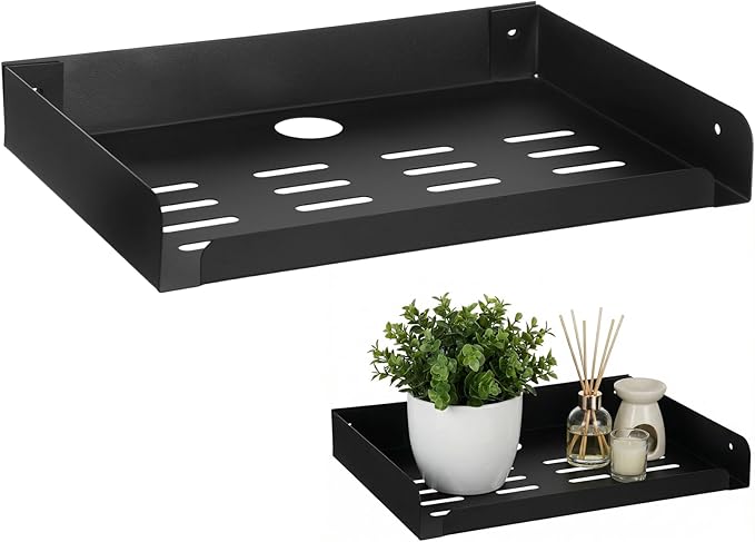 Metal Floating Shelf, 12" x 8" Heavy Duty Metal Floating Wall Shelf with Edge, Modern Wall Mounted Shelves for AV, TV Accessories, Projector, WiFi Router, TV Box, Cable Box, DVD Player, Game Console