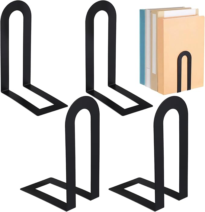Chunful 4 Pcs Modern Metal Book Ends for Shelves Decorative Small Bookends Book Shelf Organizer Minimalist Design Stopper to Hold Books for Home Office (Black,5.5 * 3.75 * 2.25inch)