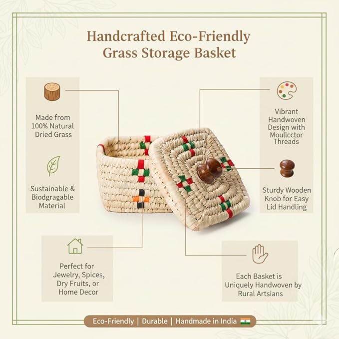 Handmade Sabai Grass Storage Box with Lid – Square Woven Decorative Organizer Basket for Home, Office & Tabletop