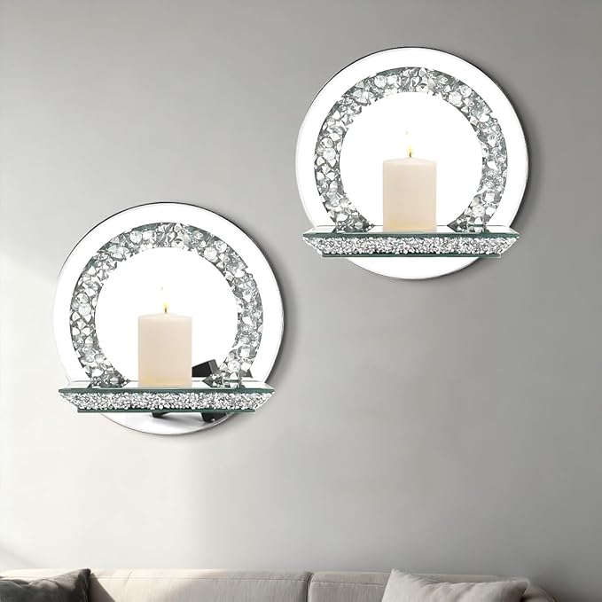 Pibeyer Mirrored Candle Sconces with Acrylic Diamond, Crushed Diamond Wall Candle Holders, Home Décor