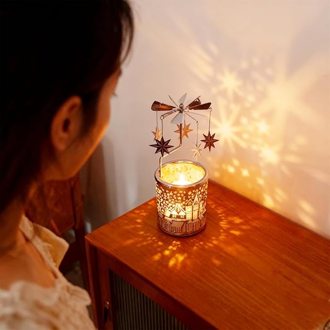 Metal Rotary Candle Holder Spinning Windmill Tea Light Carousel Decor for Home & Gifts (Silver North Star)