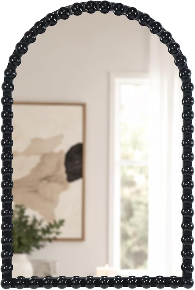 Black Beaded Arched Wall Mirror 24x36 Inch, Vintage Decorative Arch Mirror with Beaded Frame, Accent Mirror for Entryway, Bathroom, Living Room, Bedroom, Fireplace