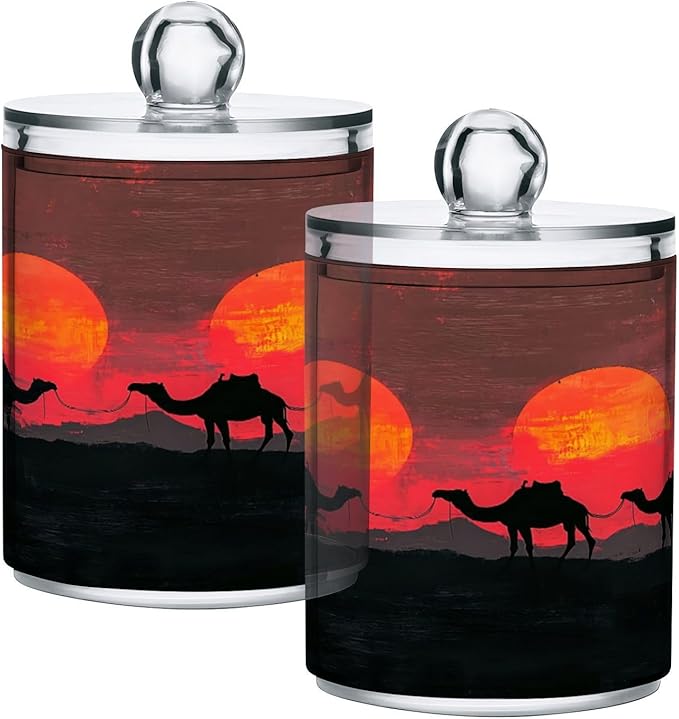 Nander 4Pack Sunset Desert Camel Qtip Holder Dispenser -Clear Plastic Apothecary Jars Set - Restroom Bathroom Makeup Organizers Containers for Cotton Swab, Ball, Pads, Floss