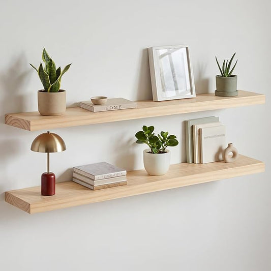 Homeforia 42 inch Natural Floating Shelf, High End Solid Real Wood 42inch Small Floating Shelves for Wall Mounted, Natural Wooden Floating Shelves, Heavy Duty Bracket, 42 X 6.5 X 1.75 in, Set of 3