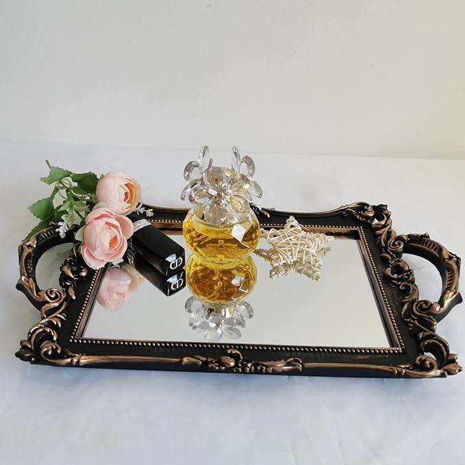 Small Rectangle Decorative Mirror Tray, French Style, Makeup Organizer, Jewelry Organizer, Serving Tray, 13"x 7.8", Black