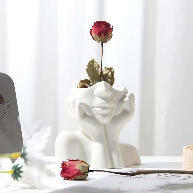 White Ceramic Vase Creative Human Body Art Design Multi Functional Office Desktop Organizer Pen Holder Makeup Brush Holder Home Decor Vase for Flowers Boho Ceramic Vases Stylish Decorative Accent (A)