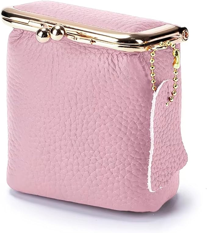 Genuine Leather Mini Jewelry Box for Women, Square Coin Purse with Kiss Lock, Makeup Cosmetic Bag Organizer Travel Case (Large, Pink)