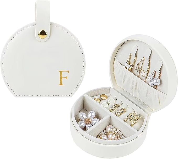 Travel Jewelry Case,Personalized Jewelry Box,Elegant Half-Moon Design with Personalized Golden Initial Case,Personalized Gifts for Women,Jewelry organizer;Personalized Gifts for Women or Friends(F)