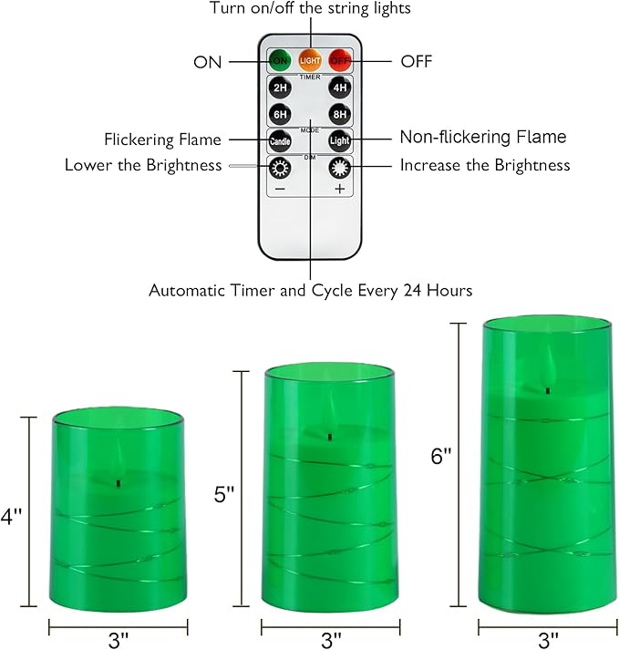 Homemory St. Patrick's Day Flameless Candles with Embedded Star String Fairy Lights, Green Battery Operated Candles, LED Candle, Fake Candles with Remote Control and Timer, Set of 3(H 4" 5" 6”)