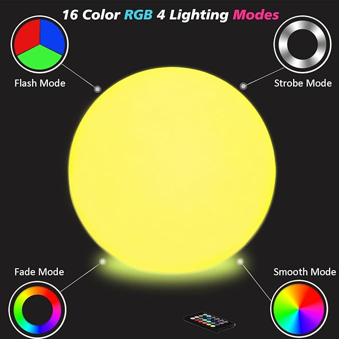 20 inch Large LED Globe Ball Light, Rechargeable LED Orb Light, Dimmable 16 RGB Colors Globe Floor Lamp w/Remote, Indoor/Outdoor Waterproof Glowing Globe Mood Lamp for Home Garden Patio Party