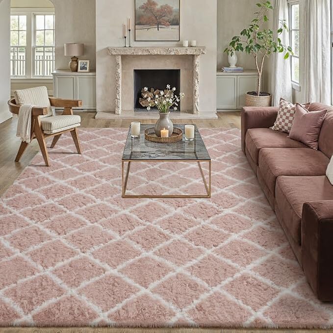 PureCozy 6x9 Checkered Rug for Living Room Pink and White Modern Soft Area Rug Fluffy Non-Slip Carpet for Bedroom Playroom Home Aesthetic Decor