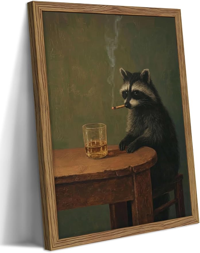 Framed Vintage Raccoon Wall Art, Funny Animal Canvas Wall Decor Paintings, Dark Moody Whimsical Artwork Poster Print Picture for Bar Bathroom Bedroom Living Room 16x24 Inch