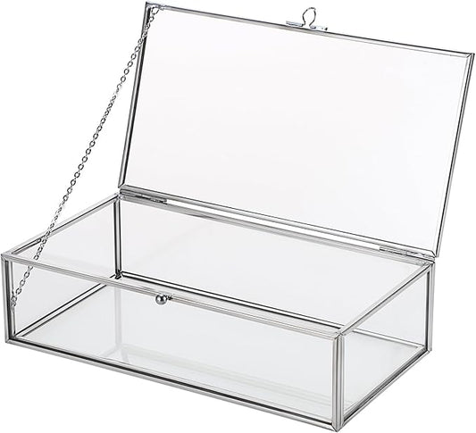 Hipiwe Glass Keepsake Display and Jewelry Organizer With Lid - Silver Decorative Clear Rectangle Storage for Trinket Perfume Collection - Gift for Birthday Anniversaries, Large