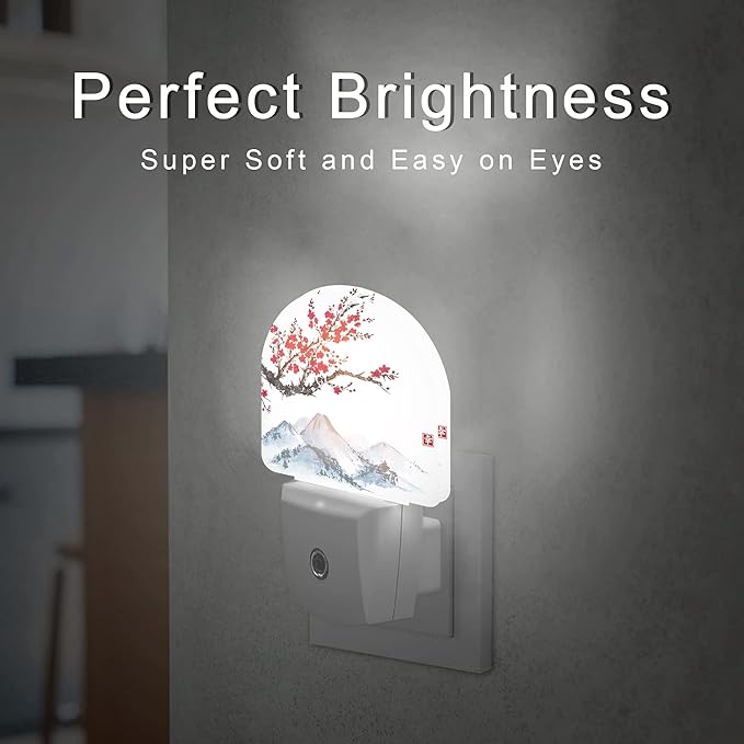Cherry Blossoms Night Light,Japanese Mountains Night Lights Plug into Wall Decor for Stairway/Hallway/Kitchen,Dusk to Dawn Sensor Nightlights for Boys/Girls/Women/Men Room Gifts