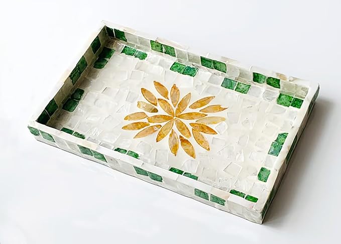 Decorative Serving Tray Lacquer Mother of Pearl Inlay Mosaic Trays for Living Room Kitchen Decor Coffee Table Tray for Tea, Table, Breakfast in Bed Decorative Trays 9.8In