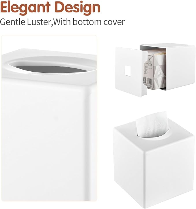 Y-in Hand Tissue Box Cover, Square Facial Tissue Holder Storage for Bathroom Vanity, Countertops, Dressers, Night Stand, Parlors and Offices - White
