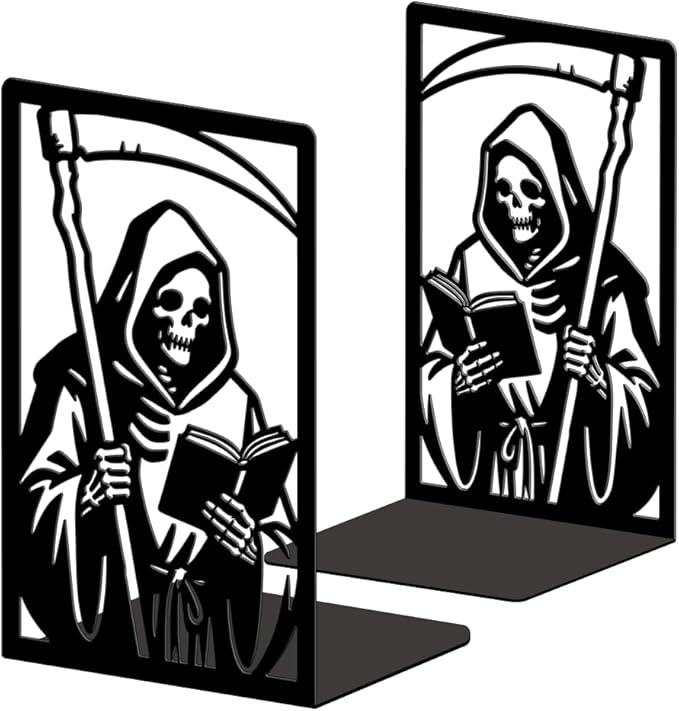 Peacoblue Metal Bookends for Shelves, Modern Decorative Heavy Duty Study Book Ends Stoppers for Office Desk Shelf Room 5.3"x4.3"x7.9" Cast Iron Bookends 1 Pair (Grim Reaper Reading Book with Sickle)