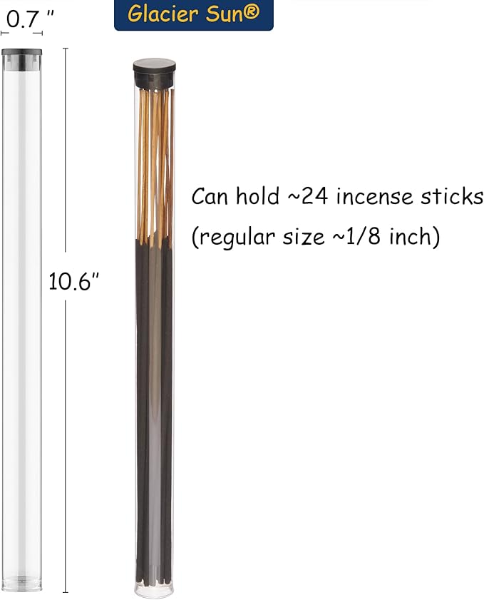 Clear Plastic Tube with Black lid, 12 Pack, Storage Holder for 8-10 inch Incense Sticks, Preserves Aroma (12)