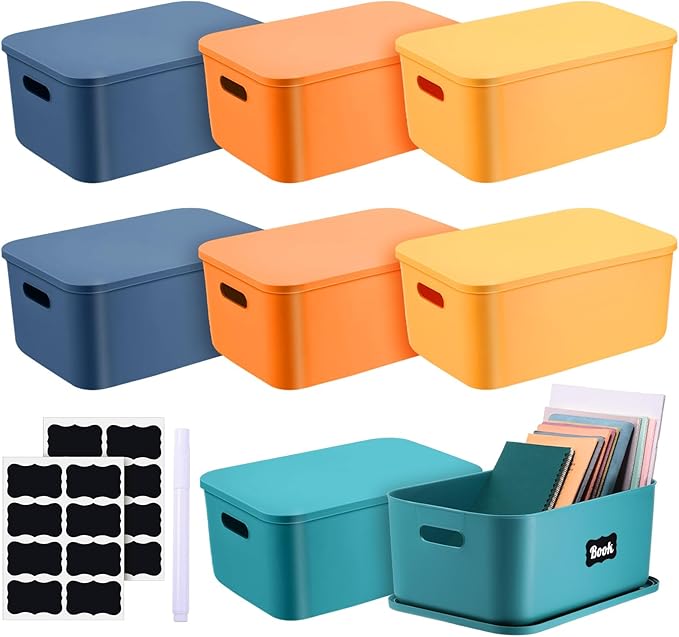 Tanlade 8 Pcs Plastic Storage Bins Stackable Baskets with Lid and Handle Colorful Desktop Storage Box Cubby Containers for Shelf Bedroom Office, Include 1 Erasable Marker, 16 Stickers (14 x 10 x 6 In)