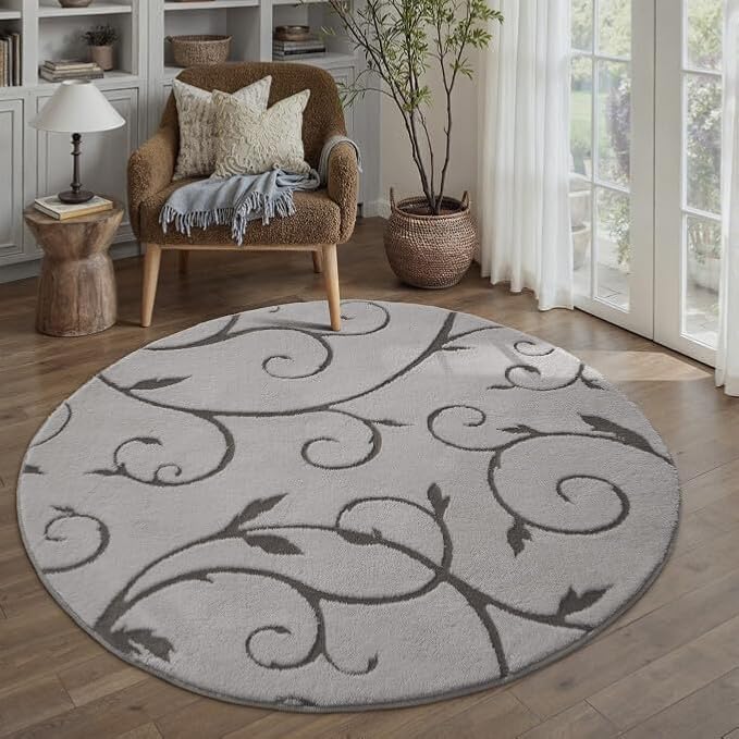 PureCozy Gray Washable Round 4ft Area Rug Soft Shag Rugs for Kids Room Modern Boho High Pile Non-Shedding Throw Rugs Non Slip Indoor Office Carpet for Playroom Bedroom Living Room