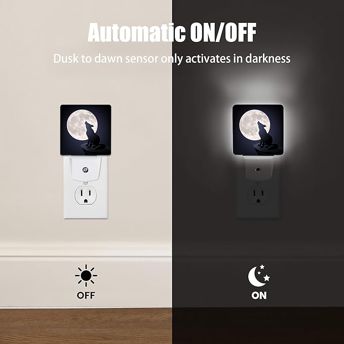 Black Wolf Moon Night Light, Dusk to Dawn Smart Sensor Nightlight for Bedroom Bathroom Kitchen Hallway Stairs Hallway, Plug-in, Energy Efficient Decor Desk Lamp Gifts
