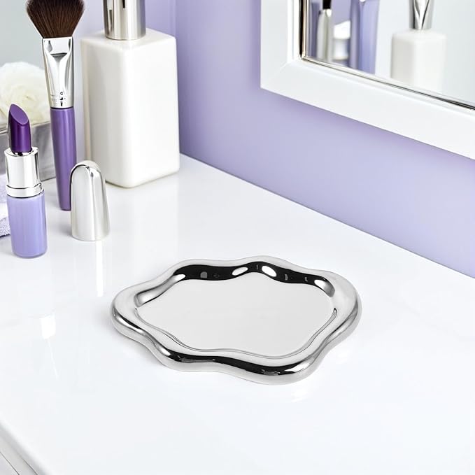 Silver Irregular Cloud-Shaped Ceramic Trinket Dish Nail Art Display Background Photo Prop Vanity Organizer Tray for Home Décor and Makeup Accessories