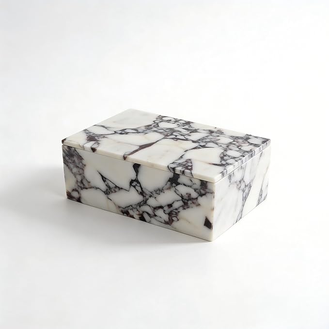 Luxury Marble Storage Box with Lid, White and Purple Veined Pattern, Decorative Organizer for Makeup Brushes, Jewelry, Bathroom Accessories (Rectangle)