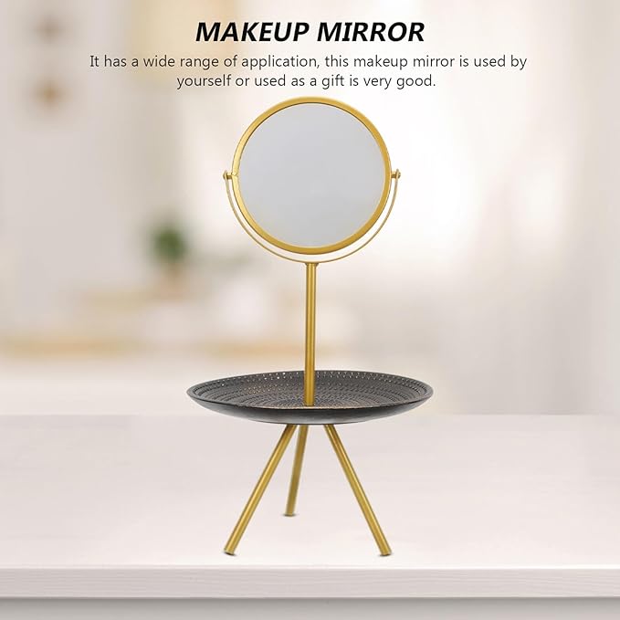 Rotatable Makeup Mirror with Jewelry Tray, European Style Desk Mirror for Bedroom Vanity, Gold Round Tray Cosmetic Organizer and Dressing Table Decor