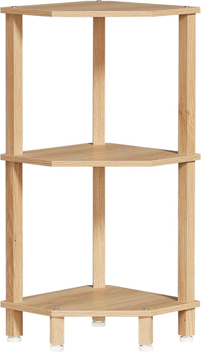 YUFAM 3-Tier Corner Shelf with Sturdy 5-Leg Base, 29in Tall Narrow Bookcase for Small Spaces, Wooden Plant Display Shelf, Thin Bookshelf for Living Room, Bedroom, Office, Natural
