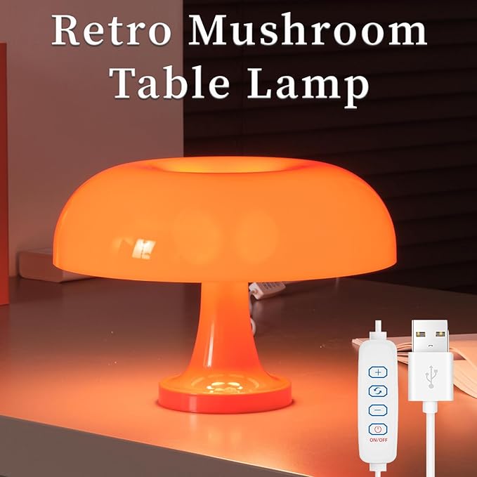 Modern Decorative Table Lamp, Mushroom Cap Design, USB Powered, 3 Lighting Modes, Dimmable, for Bedroom, Living Room Decor, Polished Plastic, Sunset Theme, Push Button Control, Adjustable Brightness