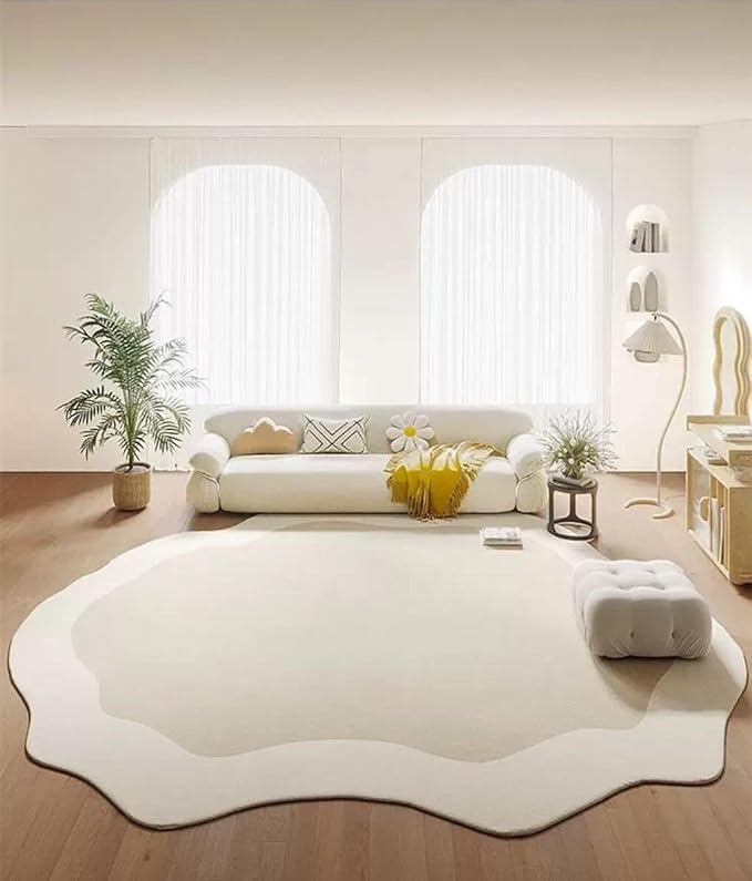 Minimalist Cream Beige Irregular Area Rug 7x9 Modern Abstract Shaped Rugs for Living Room Guestroom Meetingroom Unique Designer Low Pile Washable Carpet Funky Boho Bedroom Home Office Anti Slip Mats