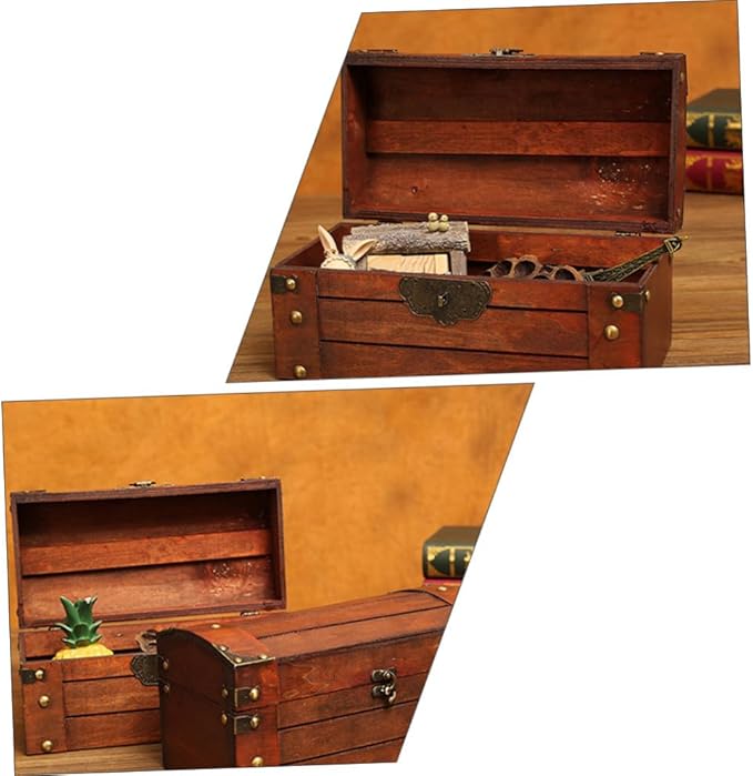 Veemoon Decorative Box Vintage Wooden Treasure Chest Storage Box with Lock Jewelry Case Makeup Storage Organizer Desktop Sundries Container Photo Prop for Home Bathroom Office Keepsake es