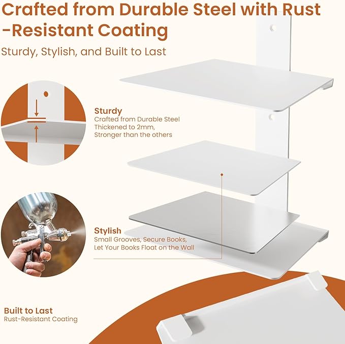 Wawocs Invisible Bookshelf for Wall, 4 Tier Floating Bookshelf Made of Heavy Duty Metal, Vertical Spine Book Tower Hanging Wall Bookshelf, Floating Book Shelves for Wall, 2 Pack White