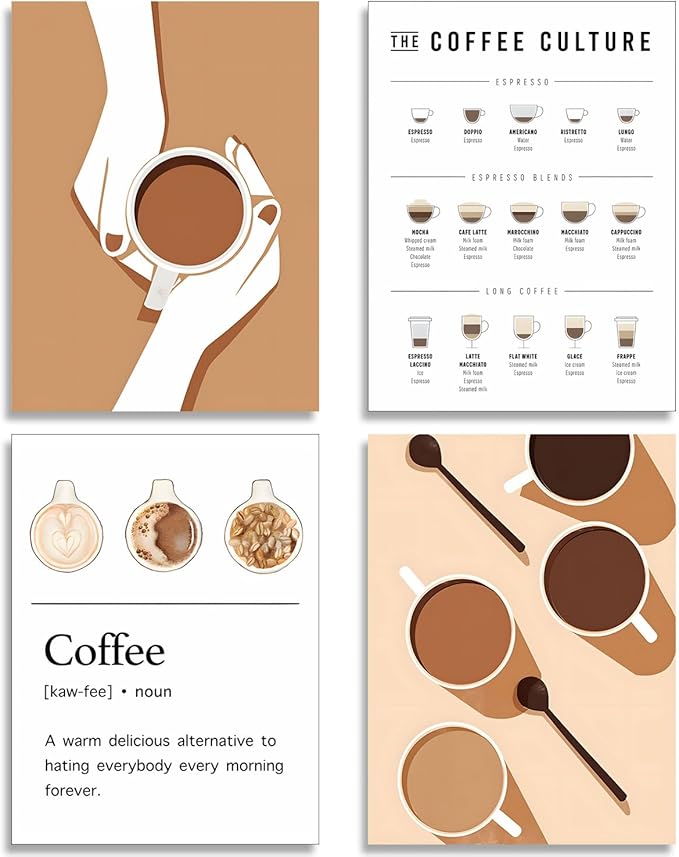 NCYEL 4pcs Modern Minimalist Coffee Wall Art Kitchen Coffee Shop Pictures Simple Home Decor Aesthetic Posters Neutral Brown and Beige Bar Decor 8x10 Inch unframed