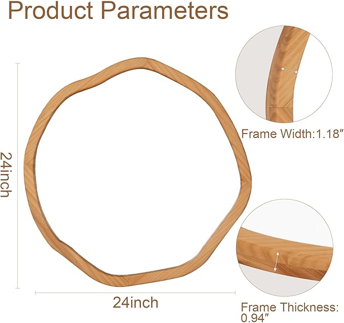 ULIKE Round Wood Mirror, 24 Inch Irregular Circle Vanity Wall Mirror with Wooden Frame, Rustic Decorative Wall Mount for Bathroom Bedroom Living Room Entryway, Natural