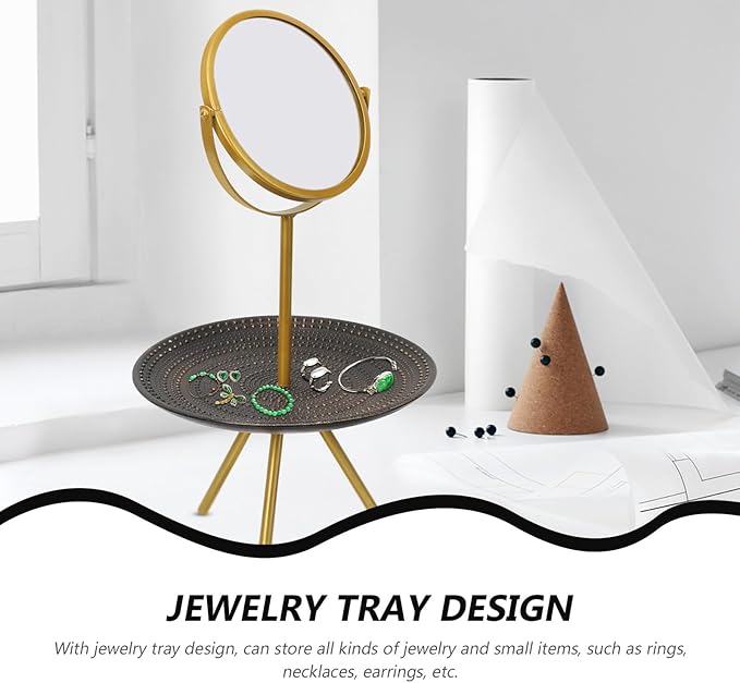CLISPEED Makeup Mirror with Jewelry Tray Rotatable Tabletop Mirror for Bedroom, Gold Finish Vanity Cosmetic Organizer for Women