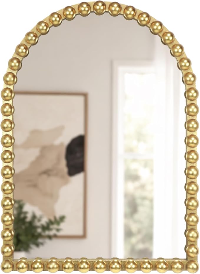 Gold Beaded Arched Wall Mirror 22x30 Inch, Vintage Decorative Arch Mirror with Beaded Frame, Accent Mirror for Entryway, Bathroom, Living Room, Bedroom, Fireplace