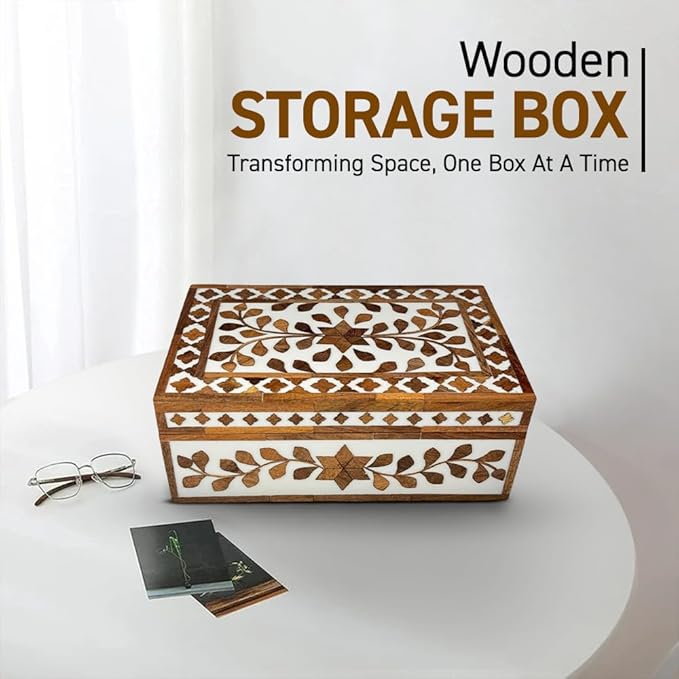 Perilla Home Home Decor Decorative Storage Wooden Box Small Floral Organizer Tool Stash Card Craft Treasure Trinket Memory Keepsake Jewelry Box for Men and Women, Gifts For All, Brown and Off White