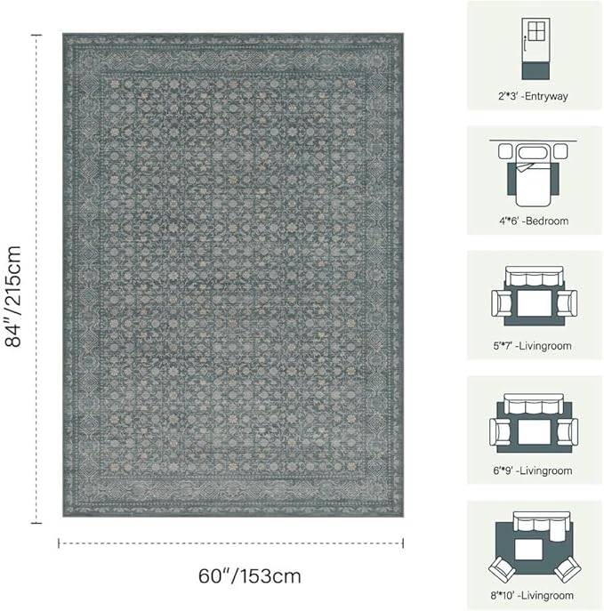 Area Rugs 5x7, Washable Rugs for Living Room, Vintage Boho Light Blue Rug for Dining Room, Dining Room, Kids Room and Farmhouse, Durable Low Pile Non-Slip Area Rug for High Traffic Areas(Blue)